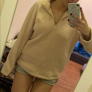 Pink Sherpa sweater with quarter zip